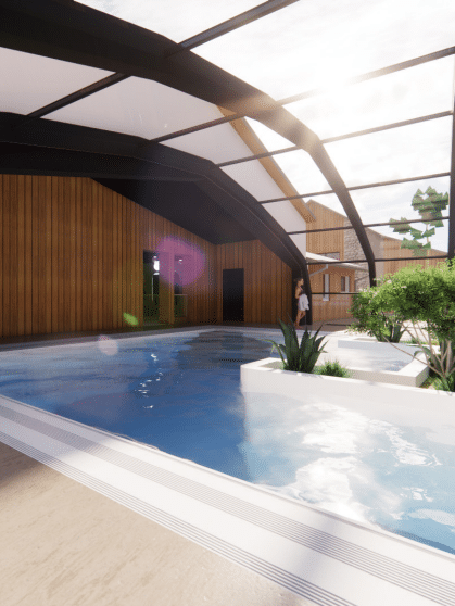 Piscine intérieure moderne avec structure en bois.